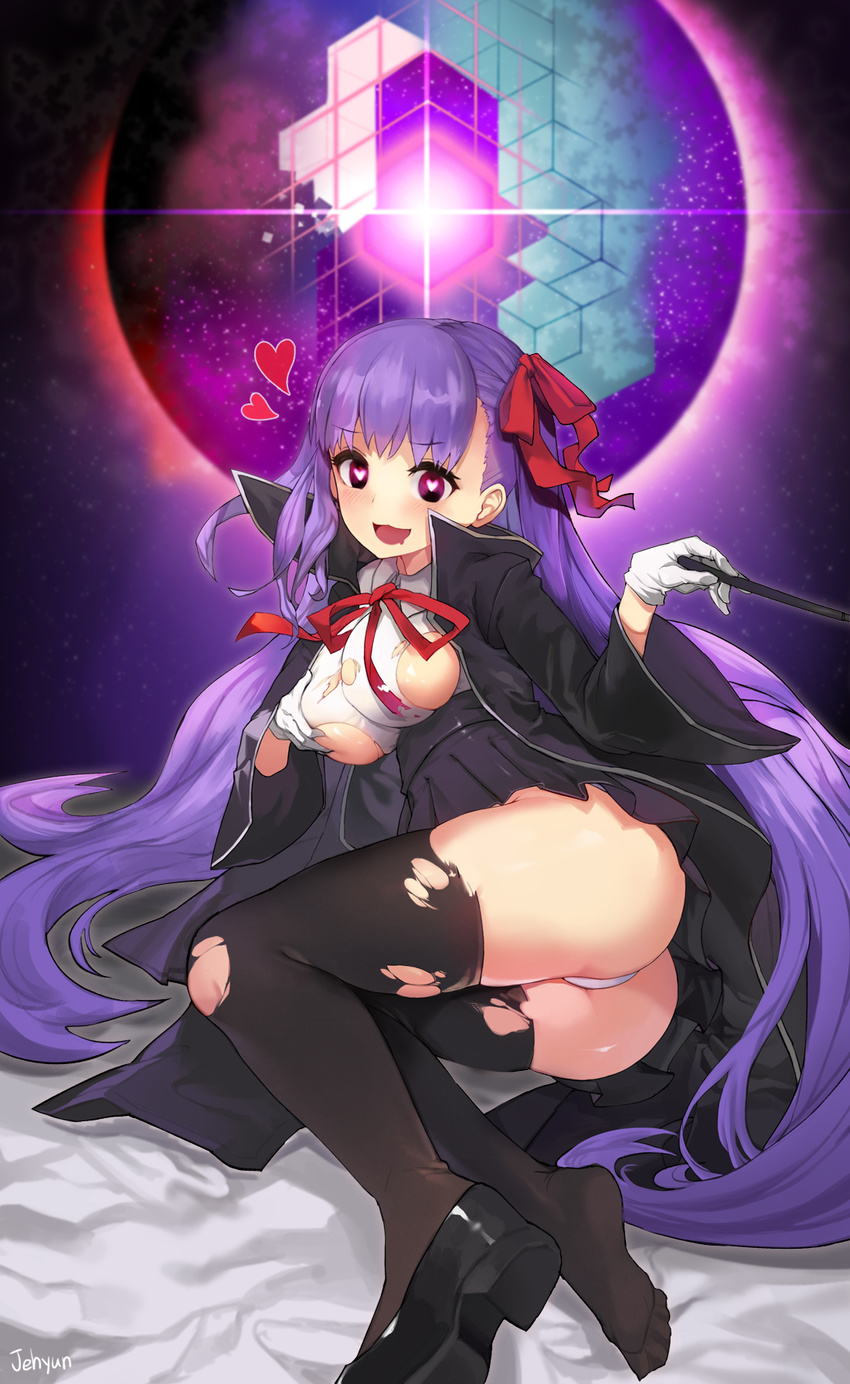 1girl ass bb_(fate/extra_ccc) black_cape black_dress blush bow breast_grab breasts cape dress fate/extra fate/extra_ccc fate/grand_order gloves hair_bow hair_ribbon heart heart-shaped_pupils jehyun large_breasts long_hair long_sleeves looking_at_viewer naughty_face open_mouth panties purple_eyes purple_hair red_ribbon ribbon shiny shiny_clothes shiny_hair shiny_skin skirt smile solo thighhighs torn_clothes underwear upskirt very_long_hair wand
