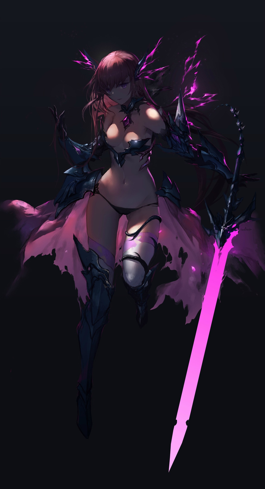 absurdres armor ass_visible_through_thighs bikini_armor black_background black_gloves black_panties breasts cleavage closed_mouth dark_persona detached_collar elbow_gloves faulds full_body gauntlets gloves greaves highres leg_up looking_at_viewer navel panties pink_hair purple_eyes simple_background small_breasts smile solo string_panties swd3e2 sword tentacles thighhighs underwear venus_blood venus_blood_-frontier- weapon white_legwear