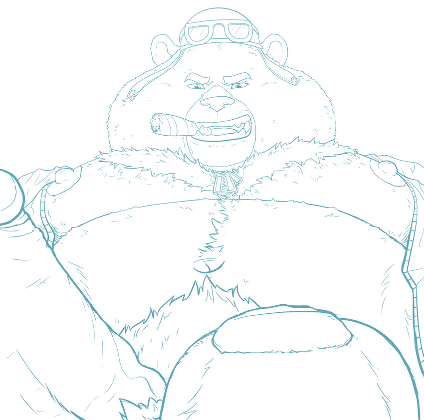 anthro bear big_penis body_hair chest_hair cigar erection first_person_view fluffysnowmeow humanoid_penis looking_at_viewer male mammal nipples overweight penis pubes retracted_foreskin solo submissive submissive_pov uncut