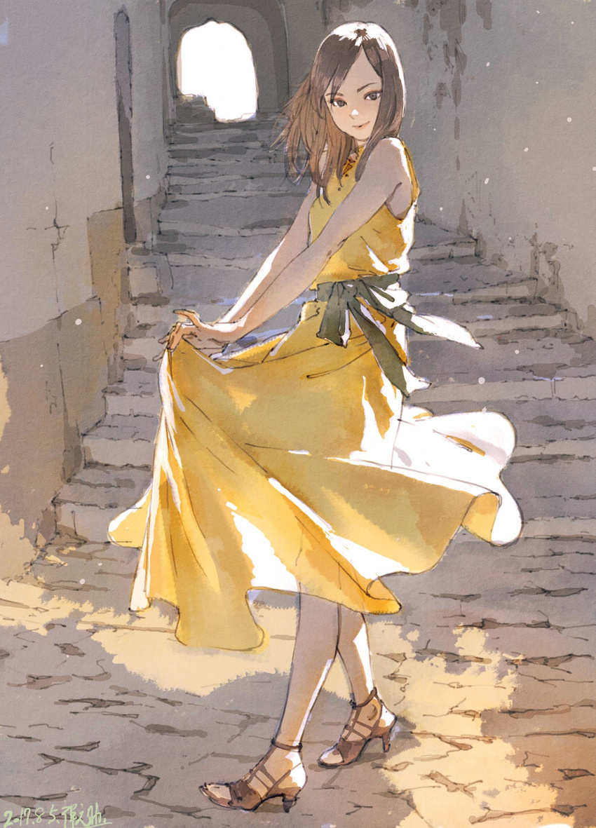 absurdres alley black_eyes brown_hair commentary_request dated dress full_body high_heels highres long_hair looking_at_viewer original outdoors sash signature sketch skirt_hold sleeveless sleeveless_dress smile solo stairs strappy_heels sundress sunlight yellow_dress zennosuke
