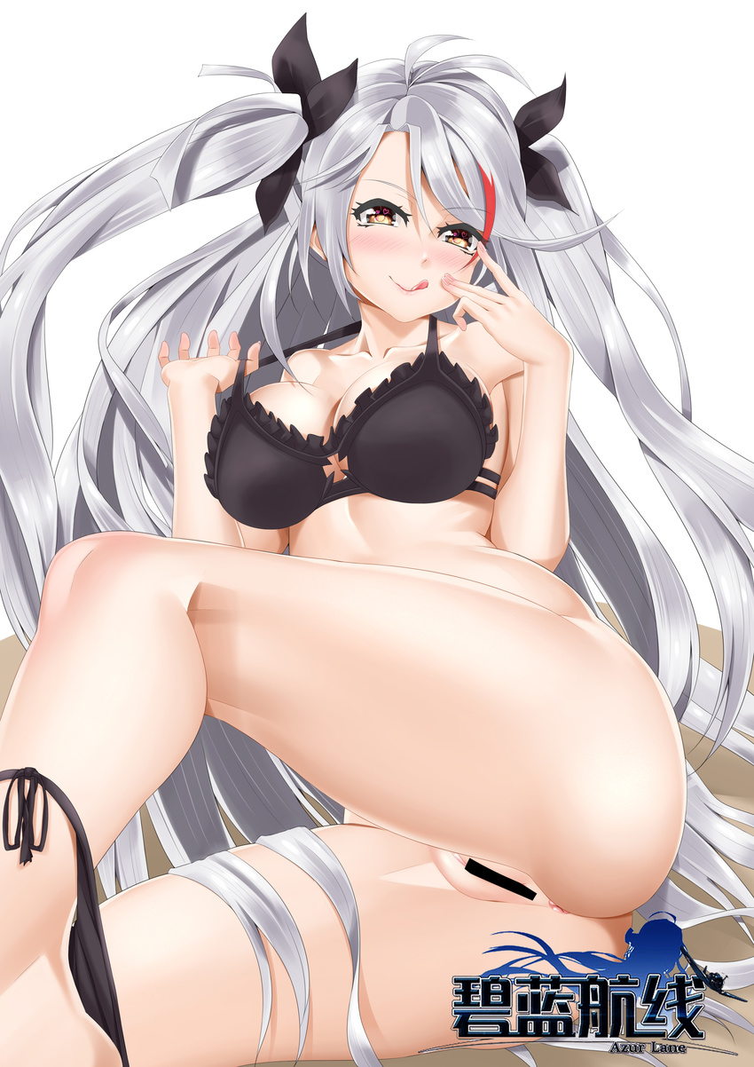 ;q absurdres antenna_hair anus ass azur_lane bangs bar_censor bare_arms bare_legs bare_shoulders barefoot bikini bikini_around_one_leg black_bikini black_bow blush bow breasts censored cleavage clitoris closed_mouth collarbone copyright_name eyebrows_visible_through_hair fingernails frilled_bikini_top frills hair_between_eyes hair_bow hands_up heart heart-shaped_pupils highres iron_cross kong_lang_(skywave) leg_up licking_lips lips long_fingernails long_hair looking_at_viewer lying medium_breasts nail_polish on_side one_eye_closed pink_lips pink_nails prinz_eugen_(azur_lane) pulled_by_self pussy side-tie_bikini silver_hair simple_background sitting smile solo strap_pull swimsuit symbol-shaped_pupils tongue tongue_out very_long_hair white_background yellow_eyes