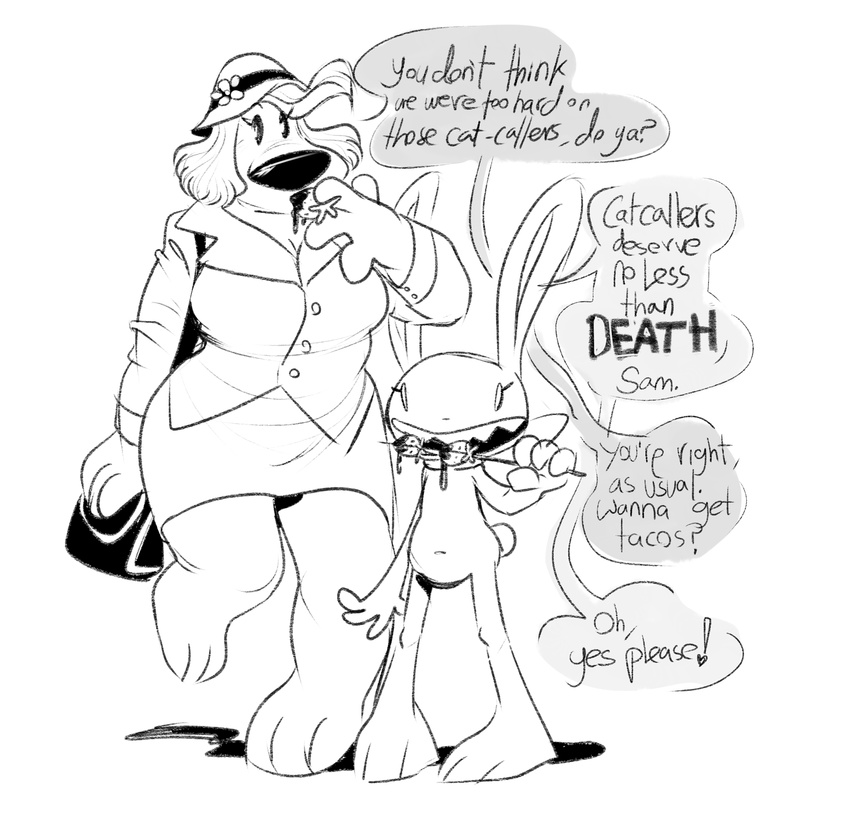 anthro barefoot black_and_white breasts candy canine chocolate crossgender dialogue dog duo eating english_text eyelashes female food fruit handbag hat lagomorph mammal max_(sam_and_max) monochrome rabbit sam_(sam_and_max) sam_and_max sharp_teeth speech_bubble strawberry teeth text thewittyarsonist