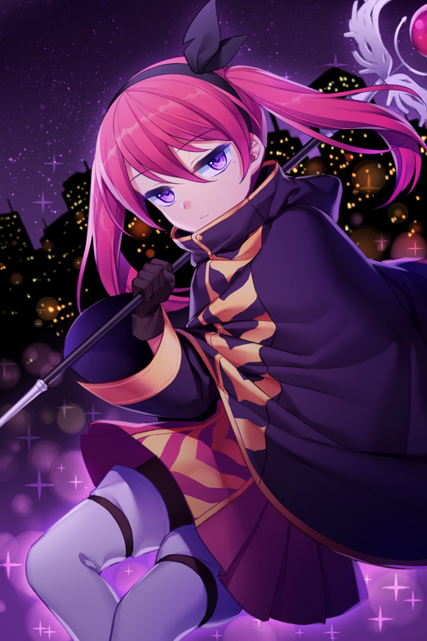 americano_beans americano_exodus bow cape city cityscape commentary expressionless eyebrows_visible_through_hair feet_out_of_frame hair_bow highres holding holding_staff jenevan jitome looking_at_viewer male_focus medium_hair night night_sky otoko_no_ko pink_hair pink_skirt purple_eyes skirt sky solo staff star_(sky) starry_sky thighhighs twintails white_legwear wide_sleeves