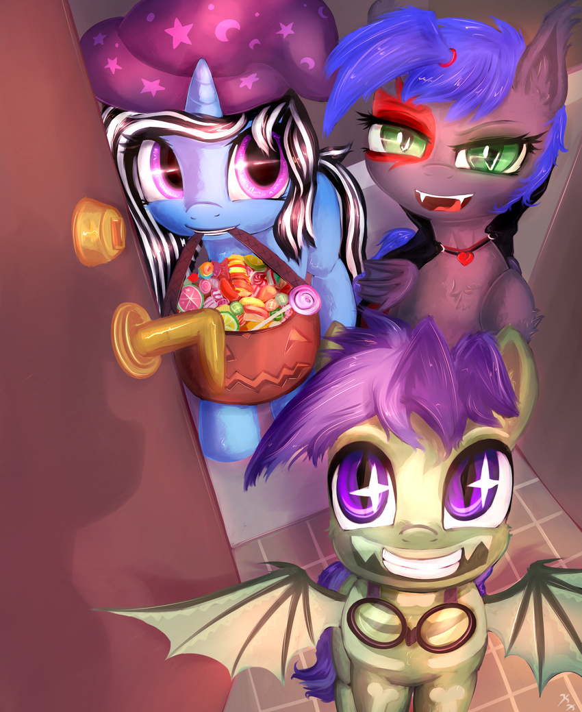 2017 bat_pony bat_wings blue_fur blue_hair bodypaint bucket candy cape clothing costume cub cute door equine eyewear face_paint fan_character fangs female feral food friendship_is_magic fur goggles green_eyes green_fur grey_fur group hair halloween hat hi_res holidays horn horse jack-o'-lantern looking_at_viewer looking_up magician_hat male mammal membranous_wings multicolored_hair my_little_pony open_mouth pink_eyes pony pticepoezd purple_eyes purple_hair sharp_teeth smile teeth tongue two_tone_hair unicorn wings young