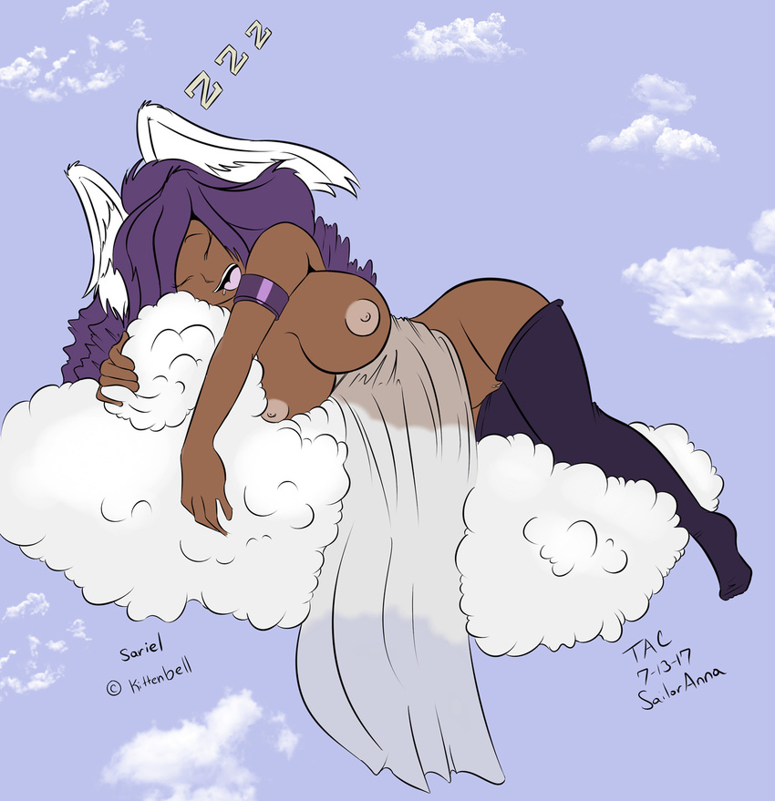 2017 armband barely_visible_genitalia big_breasts breasts clothing cloud dark_skin drooling eyes_closed female hair head_wings hi_res humanoid legwear lying nipples on_cloud on_side open_mouth purple_hair pussy sailoranna saliva sariel_(kittenbell) sleeping solo stockings subtle_pussy thigh_highs winged_humanoid wings