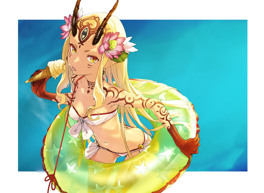 :p ass_visible_through_thighs bad_id bad_twitter_id bandeau bare_shoulders bikini blonde_hair breasts butt_crack cleavage cowboy_shot earrings facial_mark fate/grand_order fate_(series) flower food from_above front-tie_bikini front-tie_top green_innertube hair_flower hair_ornament highres horns ibaraki_douji_(fate/grand_order) ice_cream ice_cream_cone innertube jewelry leaning_forward long_hair looking_at_viewer looking_up navel outside_border redjuice side-tie_bikini sidelocks small_breasts solo swimsuit tattoo tongue tongue_out very_long_hair yellow_eyes