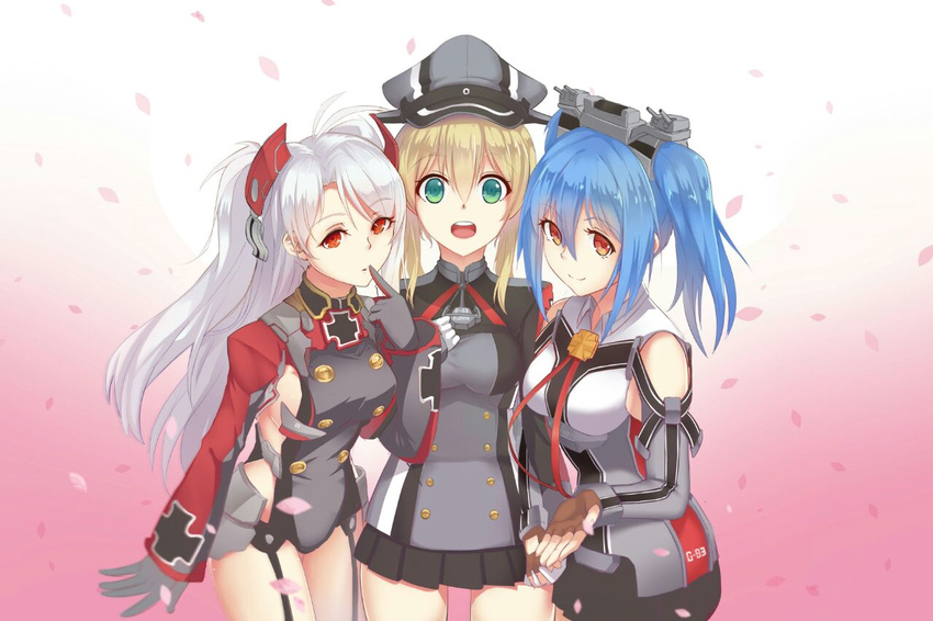 3girls anchor_necklace artist_request bilan_hangxian blonde_hair blue_eyes blue_hair breasts finger_to_mouth gloves gradient gradient_background hair_ornament hat iron_cross kantai_collection looking_at_viewer military military_uniform multiple_girls namesake open_mouth peaked_cap petals prinz_eugen_(bilan_hangxian) prinz_eugen_(kantai_collection) prinz_eugen_(zhan_jian_shao_nyu) red_eyes sideboob silver_hair trait_connection twintails uniform zhan_jian_shao_nyu