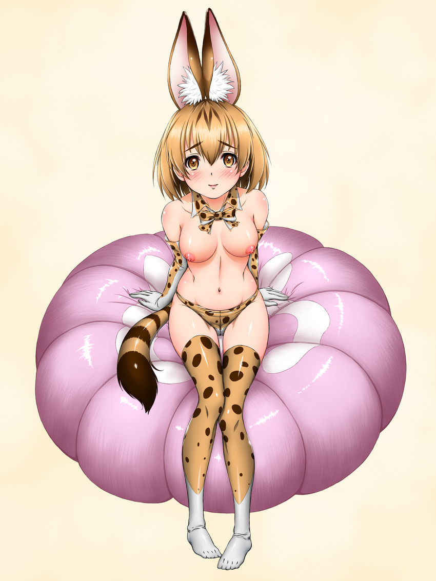 animal_ears bikini_bottom blonde_hair blush bow bowtie breasts breasts_apart brown_eyes closed_mouth collarbone covered_nipples cushion detached_collar elbow_gloves extra_ears eyebrows_visible_through_hair full_body gloves groin hair_between_eyes highres himadarou kemono_friends looking_at_viewer medium_breasts navel nipples serval_(kemono_friends) serval_ears serval_print serval_tail simple_background sitting smile solo striped_tail swimsuit tail thighhighs topless yellow_background