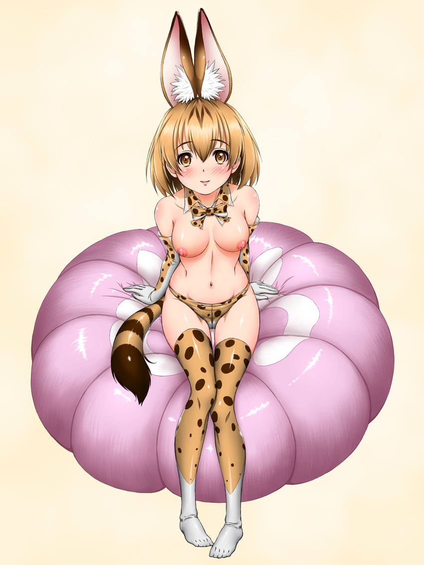 animal_ears bikini_bottom blonde_hair blush bow bowtie breasts breasts_apart brown_eyes closed_mouth collarbone covered_nipples cushion detached_collar elbow_gloves extra_ears eyebrows_visible_through_hair full_body gloves groin hair_between_eyes highres himadarou kemono_friends looking_at_viewer medium_breasts navel nipples serval_(kemono_friends) serval_ears serval_print serval_tail simple_background sitting smile solo striped_tail swimsuit tail thighhighs topless yellow_background