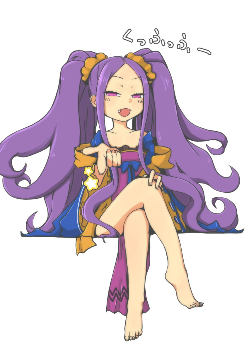 barefoot blue_bow bow chinese_clothes commentary_request crossed_legs curly_hair fang fate/grand_order fate_(series) fingernails hand_on_own_knee hanfu highres invisible_chair laughing legs long_hair long_sleeves looking_at_viewer macbail open_mouth pelvic_curtain pink_eyes pointing pointing_at_viewer purple_hair sash scrunchie shawl sidelocks simple_background sitting solo toenails toes tsurime twintails very_long_hair white_background wide_sleeves wu_zetian_(fate/grand_order)