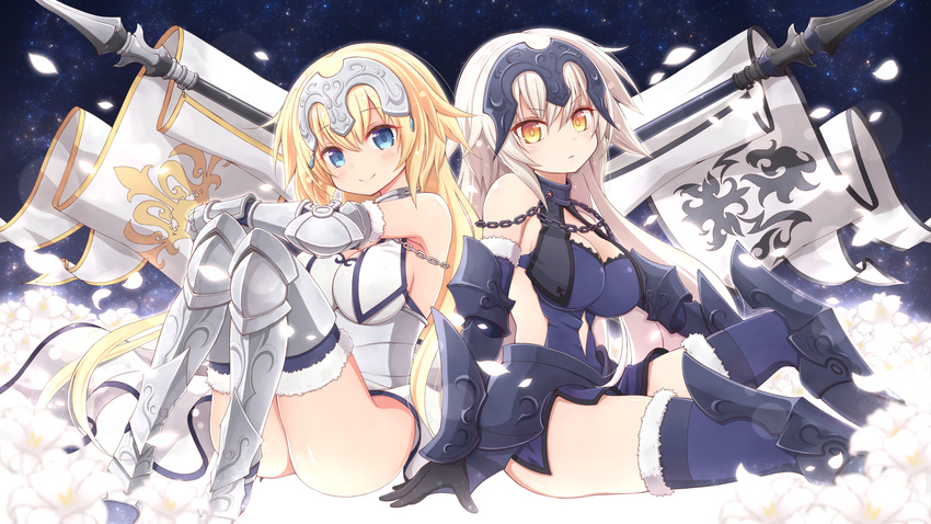 angeltype armor armored_boots armored_dress armpits ass back-to-back blonde_hair blue_dress blue_eyes blue_legwear boots breasts brown_eyes brown_hair chain cleavage commentary dress dual_persona elbow_gloves fate/apocrypha fate/grand_order fate_(series) faulds flag flower fur_trim gauntlets gloves headpiece highres jeanne_d'arc_(alter)_(fate) jeanne_d'arc_(fate) jeanne_d'arc_(fate)_(all) knees_up legs_up lily_(flower) long_hair looking_at_viewer medium_breasts multiple_girls petals revision sitting smile thighhighs very_long_hair white_dress zettai_ryouiki