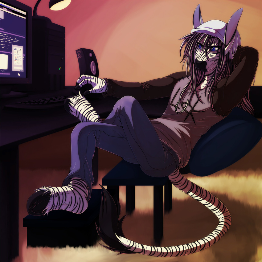 2012 anthro beanie biped black_fur black_hair black_hooves black_stripes black_tail blue_eyes chair clothed clothing computer crossed_legs desk digital_media_(artwork) dodedo equine fully_clothed fur hair hand_behind_head hat hi_res hooves jeans long_hair long_tail male mammal multicolored_fur multicolored_hair multicolored_tail pants shirt signature sitting solo striped_fur striped_tail stripes stripes_(character) tail_tuft tuft two_tone_fur two_tone_hair two_tone_tail underhoof white_fur white_hair white_tail zebra