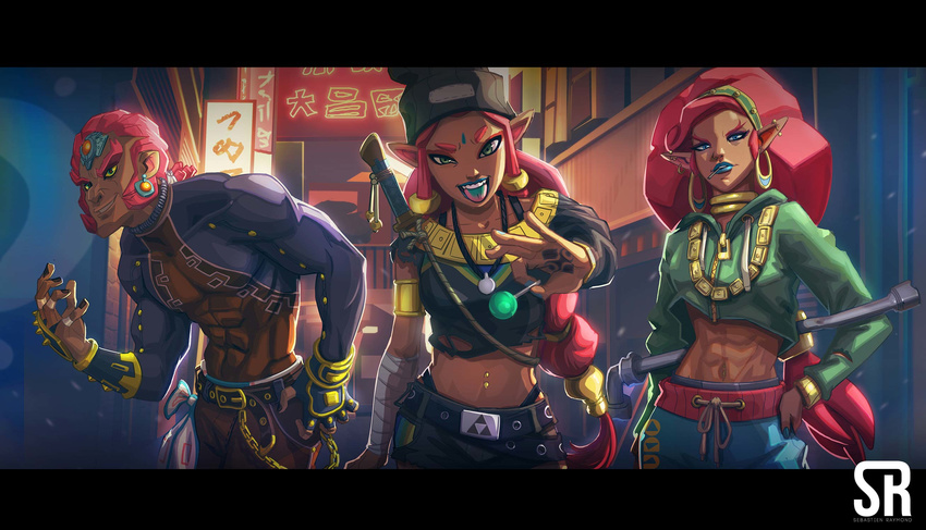 2girls :d :p abs alternate_costume bangle beanie belt big_hair blouse blue_eyes blue_lipstick bracelet braid candy contemporary dark_skin earrings eyebrows fingerless_gloves food ganondorf gerudo gloves green_eyes hair_ornament hairband hat highres hoop_earrings jewelry lead_pipe lipstick lollipop long_hair long_sleeves looking_at_viewer makeup midriff multiple_girls nail_polish navel navel_piercing open_clothes open_mouth outdoors pants piercing pointy_ears pose raymond_sebastien riju smile teeth the_legend_of_zelda the_legend_of_zelda:_breath_of_the_wild thick_eyebrows toned toned_male tongue tongue_out triforce urbosa