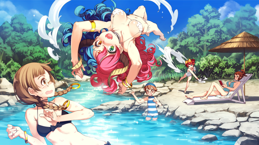 alexander_(eiyuu_senki) aristotle_(eiyuu_senki) armlet bikini blonde_hair blue_hair blue_swimsuit book bracelet braid breasts brown_eyes brown_hair cleavage cloud cloudy_sky cook_(eiyuu_senki) day eiyuu_senki eiyuu_senki_gold flat_chest game_cg glasses green_eyes hair_ornament hair_ribbon heterochromia horns inou_tadataka jewelry large_breasts legs long_hair lying magellan_(eiyuu_senki) medium_breasts multicolored_hair multiple_girls navel one-piece_swimsuit ooyari_ashito open_mouth orange_eyes outdoors parasol reading red_hair ribbon short_hair sky small_breasts striped striped_swimsuit sweatdrop swimsuit tears tree twin_braids umbrella water white_swimsuit