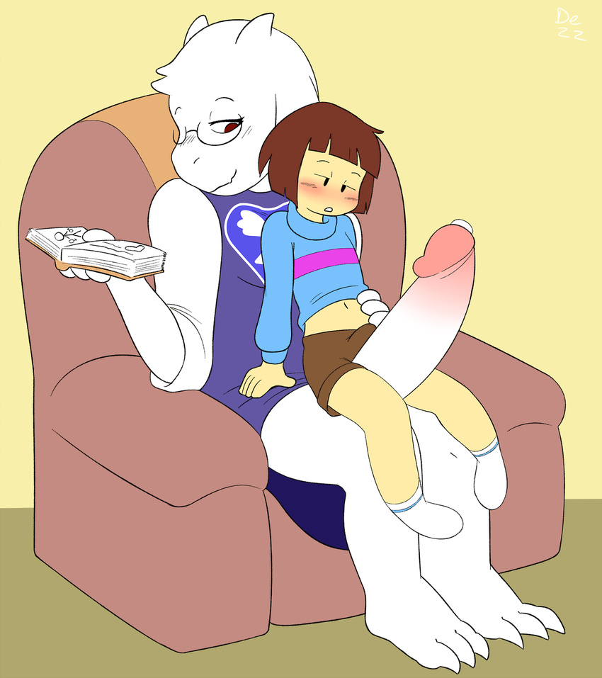 2017 anthro armchair blush book boss_monster caprine chair clothed clothing dezz duo eyewear glasses goat horn human intersex legwear long_ears male mammal penis penis_riding precum protagonist_(undertale) robe socks sweater toriel undertale video_games