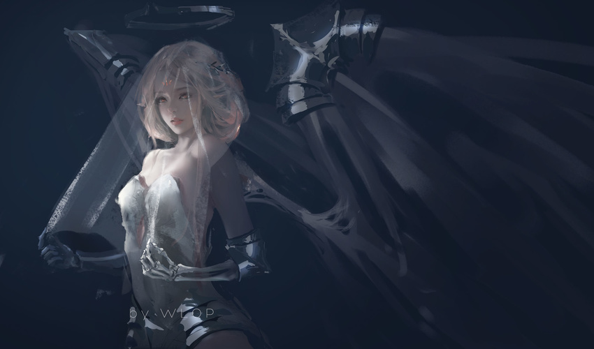 artist_name bare_shoulders black_background blonde_hair bone commentary cowboy_shot dress facial_mark forehead_mark ghostblade halo highres lips looking_at_viewer nose parted_lips red_eyes simple_background solo veil wings wlop