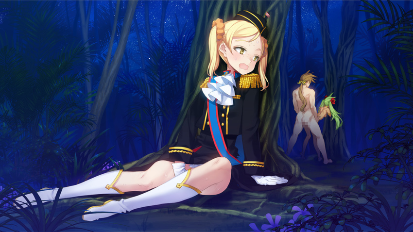 2girls against_tree arm_support barefoot behind_tree bent_over blonde_hair blush boots brown_hair censored doggystyle eiyuu_senki eiyuu_senki_gold freckles game_cg gloves green_hair hair_ornament hat hetero kamehameha_(eiyuu_senki) long_hair masturbation military military_uniform mosaic_censoring multiple_girls night ooyari_ashito open_mouth outdoors perry_(eiyuu_senki) ponytail saliva saliva_trail sex shujinkou_(eiyuu_senki) sitting sky solo_focus star_(sky) starry_sky stealth_masturbation sweatdrop torso_grab tree twintails uniform voyeurism white_footwear white_gloves yellow_eyes