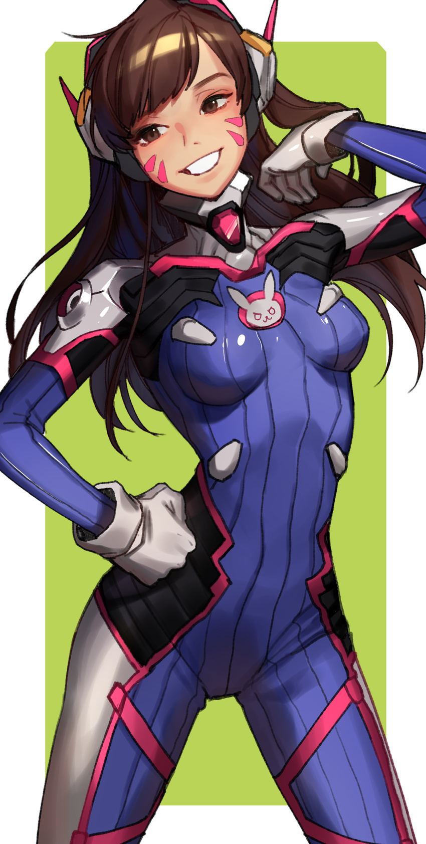animal_print bangs blue_bodysuit bodysuit border breasts brown_eyes brown_hair bunny_print clenched_hand cowboy_shot d.va_(overwatch) facepaint facial_mark gloves green_background grin hair_flip hand_on_hip headphones high_collar highres legs_apart long_hair looking_at_viewer medium_breasts overwatch penguyon pilot_suit ribbed_bodysuit shoulder_pads simple_background skin_tight smile solo swept_bangs whisker_markings white_border white_gloves