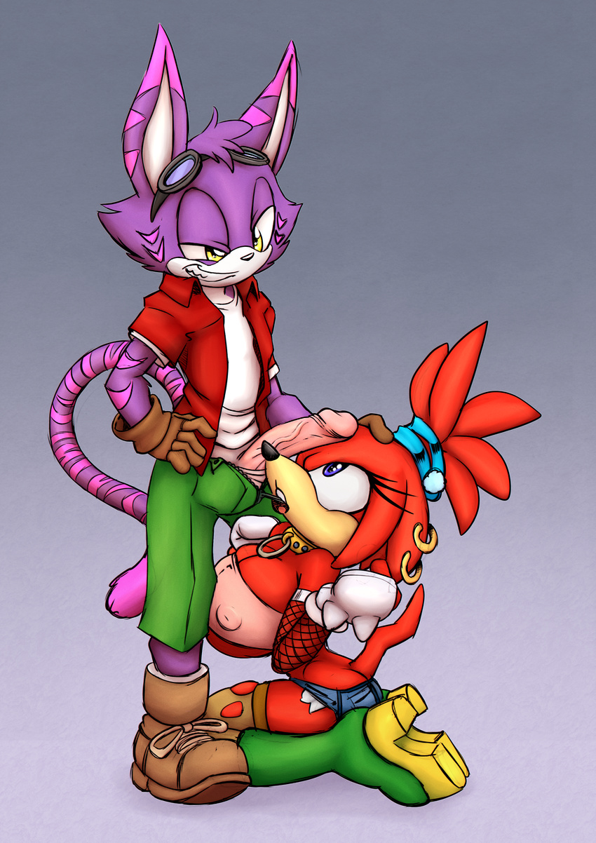 absurd_res anthro big_breasts boots breasts cat cheshire_thaddeus_felonious clothing crossgender duo echidna feline female footwear hi_res high_heels jeffybunny_(artist) kandlin knuckles_the_echidna male male/female mammal monotreme penis shoes simple_background sonic_(series)