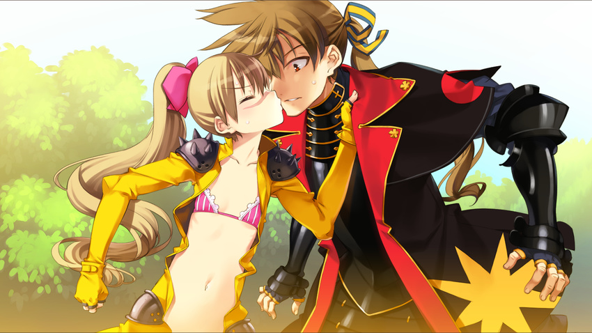 1girl armor billy_the_kid_(eiyuu_senki) blonde_hair bodysuit bra brown_hair closed_eyes clothes_grab collarbone day eiyuu_senki eiyuu_senki_gold facial_scar flat_chest game_cg gauntlets hair_ribbon imminent_kiss long_hair looking_at_another navel ooyari_ashito open_clothes outdoors ponytail red_eyes ribbon scar shoulder_armor shujinkou_(eiyuu_senki) spiked_hair sweatdrop tree underwear