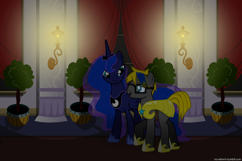 duo earth_pony equine fan_character female feral friendship_is_magic hair horn horse male mammal multicolored_hair my_little_pony noveltwin pony princess_luna_(mlp) scotch_novel smile winged_unicorn wings