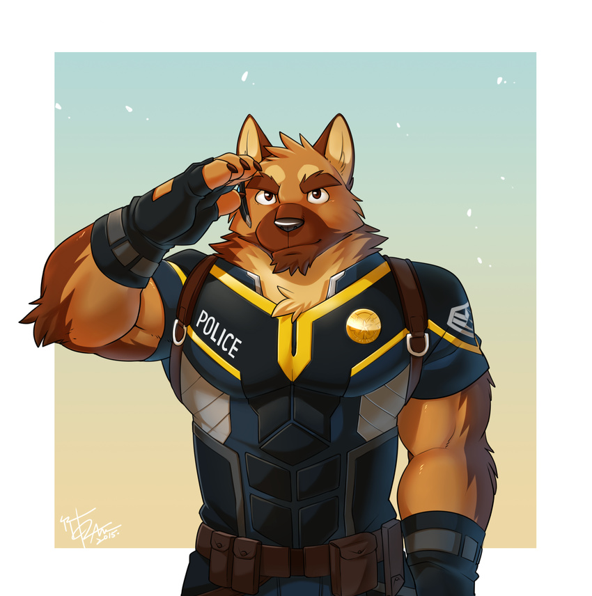 2015 anthro belt biceps big_muscles black_nose brown_eyes brown_fur canine chest_tuft claws clothed clothing dog elbow_tufts fingerless_gloves fully_clothed fur german_shepherd gloves hi_res looking_at_viewer male mammal muscular muscular_male neck_tuft officer_benson pecs police salute solo takemoto_arashi tuft uniform utility_belt