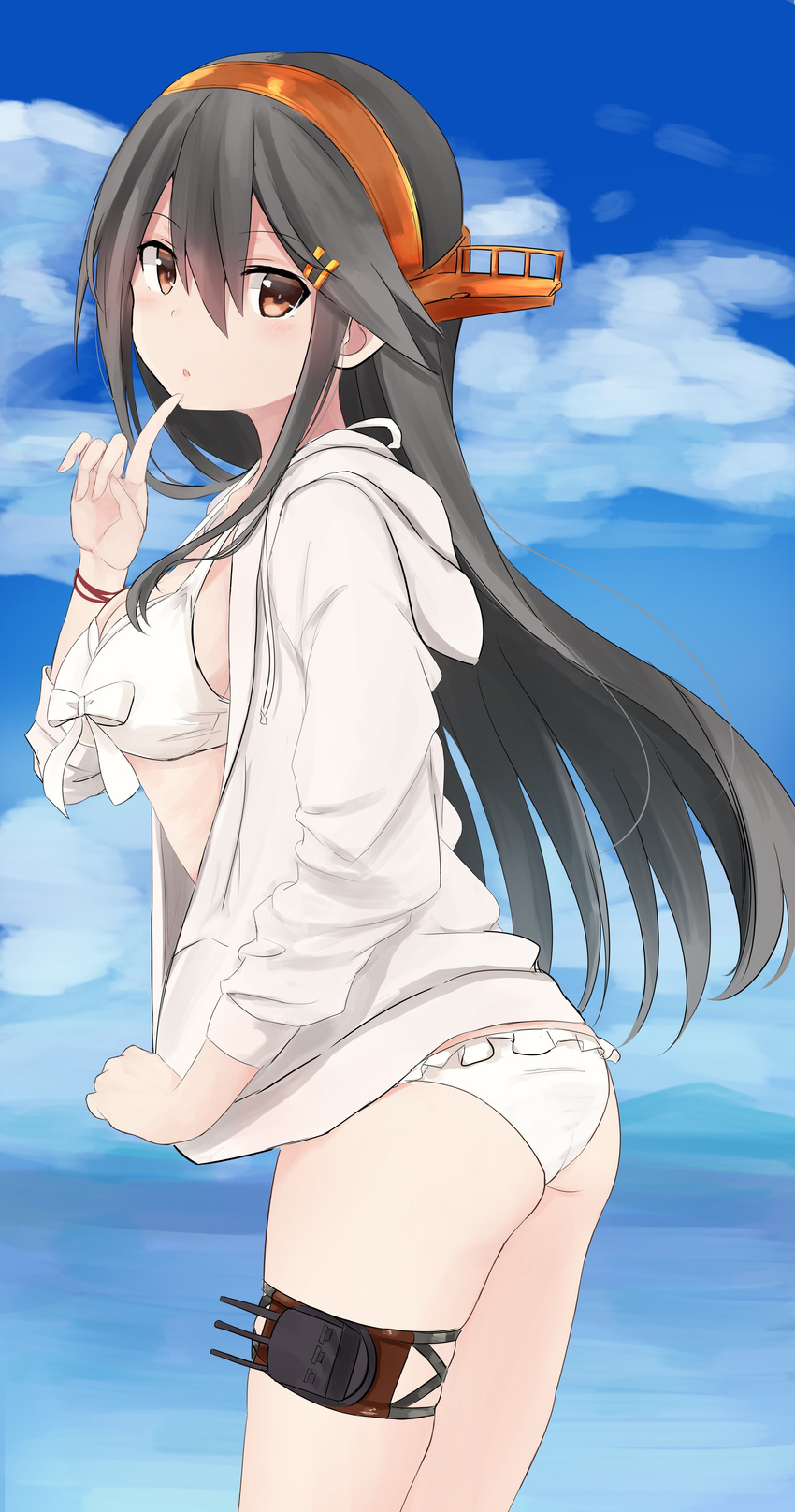 :o absurdres ass bangs bikini bikini_under_clothes blue_sky bow bow_bikini bracelet breasts brown_eyes cleavage cloud cowboy_shot day eyebrows_visible_through_hair finger_to_mouth fingernails frilled_bikini_bottom frills grey_hair hair_between_eyes hair_ornament hairclip haruna_(kantai_collection) headgear highres hood hood_down hooded_jacket jacket jewelry kantai_collection long_hair looking_at_viewer looking_back medium_breasts open_mouth remodel_(kantai_collection) sky solo swimsuit thigh_strap white_bikini white_jacket yuki_(yukin0128)