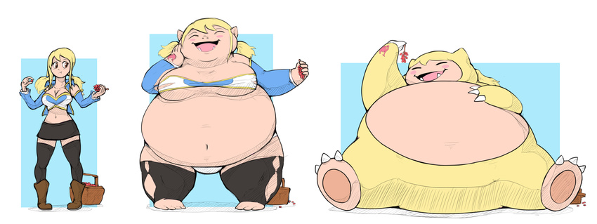 belly blonde_hair brown_eyes claws color eating eyes_closed fairy_tail fangs fat female female_only fur growth human lucy_heartfilia nude obese overweight pokemon sequence snorlax soles solo transformation