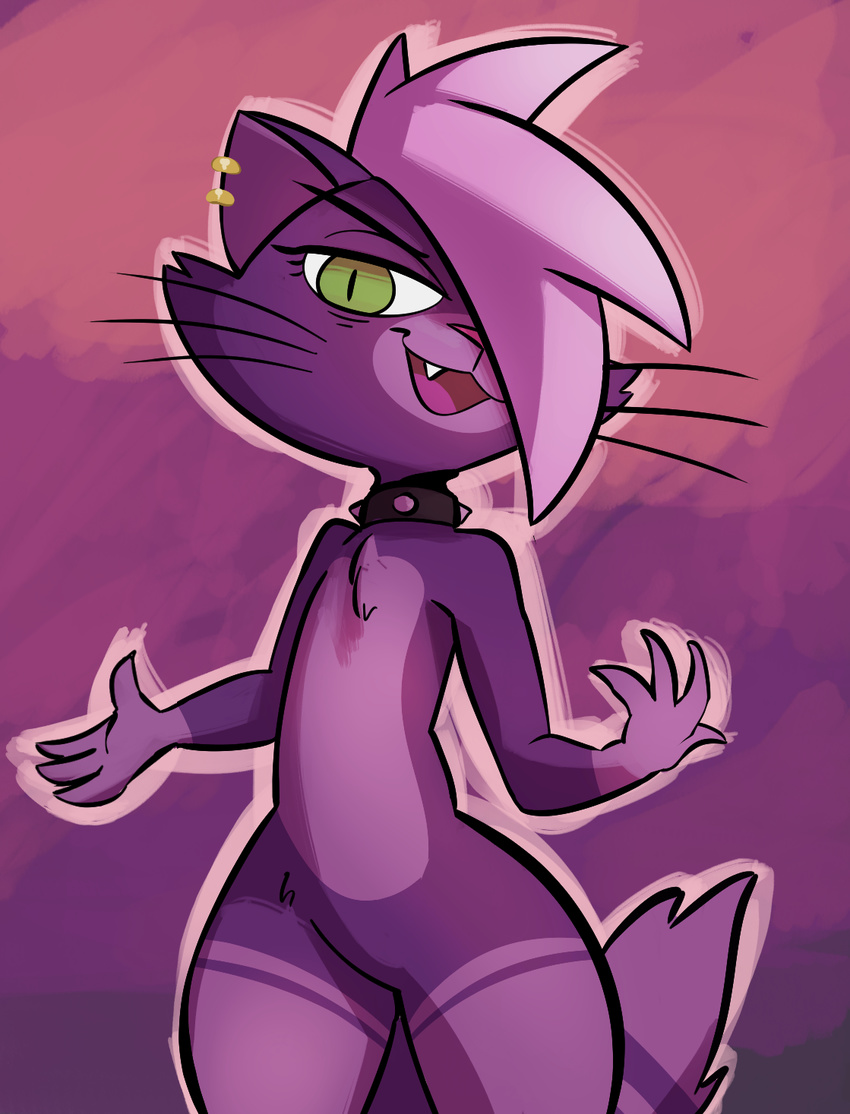 2017 4_fingers anthro cat collar digital_media_(artwork) ear_piercing feline female fur gabbah green_eyes grin hair hair_over_eye half-closed_eyes hi_res invalid_tag mammal open_mouth piercing pose purple_fur purple_hair simple_background smile solo standing the_aristocats whiskers