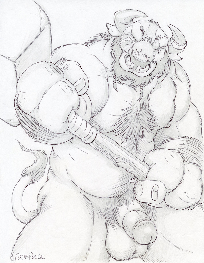 anthro balls bovine circumcised dudebulge facial_piercing foreshortening front_view greyscale hairy half-erect hammer hi_res holding_object holding_weapon horn looking_at_viewer male mammal monochrome musclegut muscular nipples nose_piercing nose_ring pecs pencil_(artwork) penis piercing portrait pubes septum_piercing solo tauren three-quarter_portrait tools traditional_media_(artwork) video_games warcraft warhammer weapon