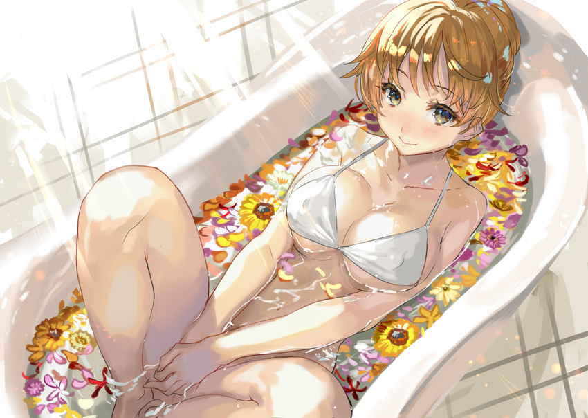 bangs bare_legs barefoot bath bathtub bikini bikini_top blonde_hair blush breasts cleavage collarbone covered_nipples covering covering_crotch eyelashes flower from_above grey_eyes knees_up large_breasts light_rays looking_at_viewer original partially_submerged petals petals_on_liquid ran'ou_(tamago_no_kimi) short_hair slipper_bathtub smile solo swimsuit v_arms water white_bikini white_bikini_top yellow_eyes
