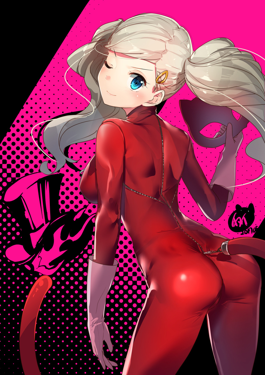 ass blonde_hair blue_eyes bodysuit cat_tail commentary_request fake_tail from_behind gloves hair_ornament highres long_hair looking_at_viewer looking_back mask mask_removed one_eye_closed persona persona_5 red_bodysuit smile solo tail takamaki_anne twintails white_gloves yamacchi zipper