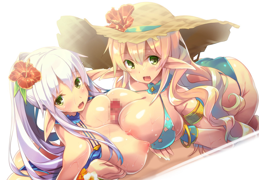 2girls :d aqua_bikini ass bikini blonde_hair blue_bikini brave_girl_ravens breast_press breasts censored chloe_ferel fang flower green_eyes hat hetero hibiscus huge_breasts looking_at_viewer mosaic_censoring multiple_girls multiple_paizuri open_mouth paizuri penis pointy_ears ponytail shimakaze silver_hair smile stephany_ferel straw_hat swimsuit symmetrical_docking