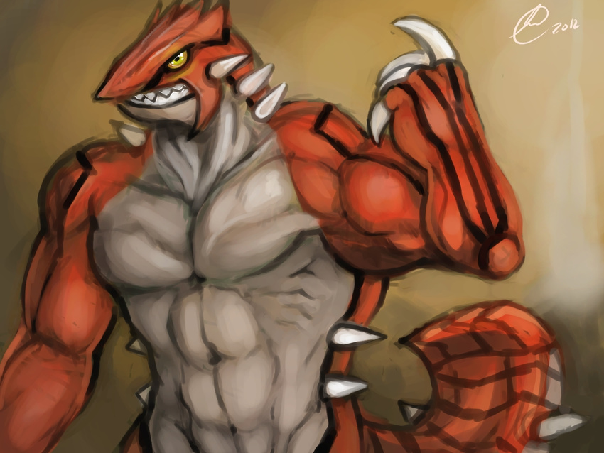 2012 big_claws claws clothed clothing gravewalker groudon legendary_pok&eacute;mon looking_at_viewer male muscular nintendo pok&eacute;mon spikes topless video_games