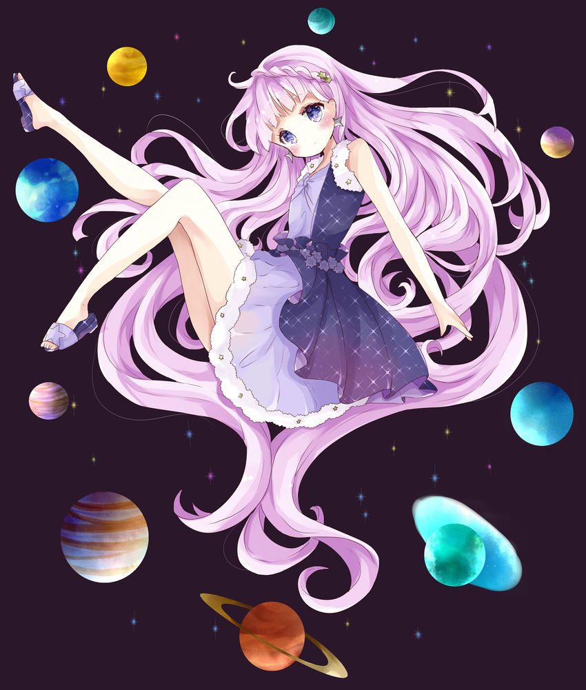 absurdly_long_hair absurdres bangs bare_arms bare_legs bare_shoulders blunt_bangs blush braid commentary dress earrings earth eyebrows_visible_through_hair from_side fur-trimmed_dress head_tilt highres jewelry jupiter jupiter_symbol leg_up light_smile long_hair looking_at_viewer looking_to_the_side mars_(planet) mars_symbol mercury_(planet) mercury_symbol neptune_(planet) neptune_symbol original outstretched_arm pink_hair planet pluto_(planet) pluto_symbol purple_eyes purple_footwear sandals saturn saturn_symbol shoes sleeveless sleeveless_dress solo space star star_(sky) star_earrings starry_sky_print tsukiyo_(skymint) uranus uranus_symbol venus_(planet) venus_symbol very_long_hair