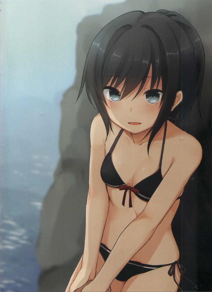 :d absurdres alternate_hairstyle asashio_(kantai_collection) bikini black_bikini black_hair blue_eyes blush breasts cleavage collarbone cowboy_shot crease front-tie_top highres kantai_collection long_hair nagami_yuu open_mouth ponytail rock scan side-tie_bikini small_breasts smile solo swimsuit water