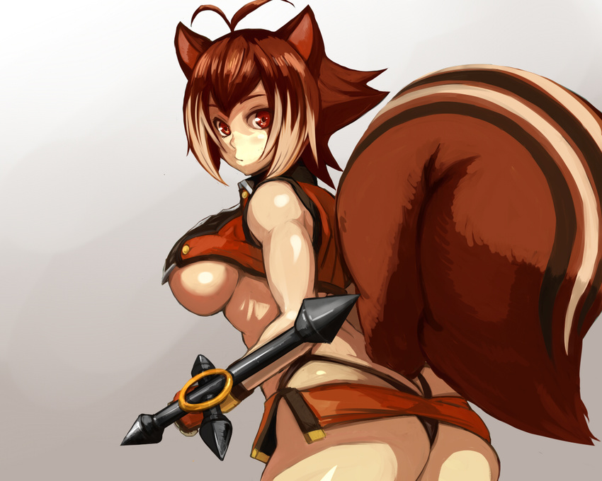 animal_ears antenna_hair ass black_panties blazblue breasts brown_eyes brown_hair crop_top fingerless_gloves gloves highleg highleg_panties large_breasts large_tail looking_at_viewer looking_back makoto_nanaya microskirt multicolored_hair nejime_(nejimeinu) orange_skirt panties revealing_clothes short_hair side_slit sideboob skirt solo squirrel_ears squirrel_girl squirrel_tail tail tonfa two-tone_hair underboob underwear weapon