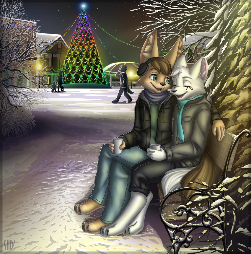 2017 anthro barefoot bench beverage canine christmas christmas_tree clothed clothing coffee couple_(disambiguation) cup detailed_background digital_media_(artwork) digitigrade duo evening fennec fox fur hair hi_res holidays male male/male mammal open_mouth outside plantigrade romantic romantic_couple sidnithefox smaller_version_at_source smile snow tree white_fur winter wolf