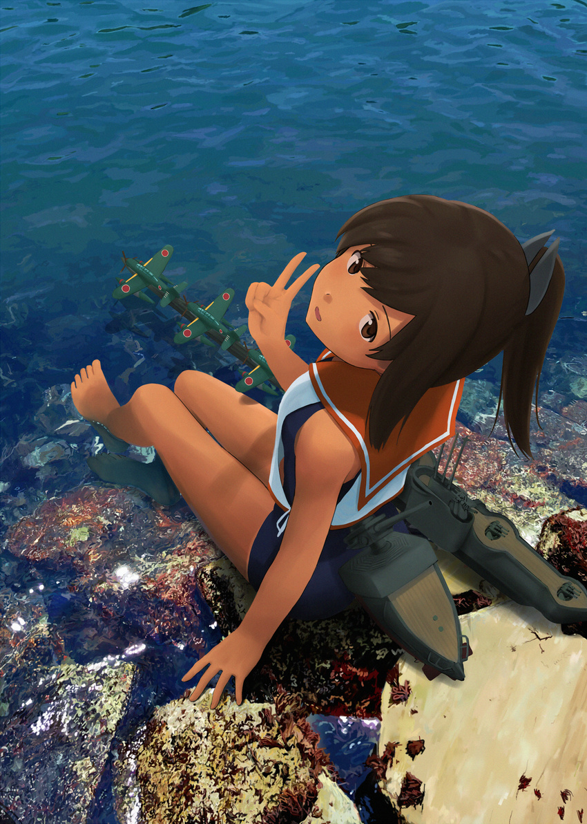 aircraft airplane arm_support bangs barefoot brown_eyes brown_hair commentary_request crop_top day from_above fuyube_gin_(huyube) hair_ornament highres i-401_(kantai_collection) kantai_collection looking_at_viewer looking_up m6a_seiran machinery ocean official_style one-piece_swimsuit open_mouth outdoors ponytail school_swimsuit school_uniform seaplane serafuku shibafu_(glock23)_(style) sitting soaking_feet solo swimsuit swimsuit_under_clothes tan tanline v water