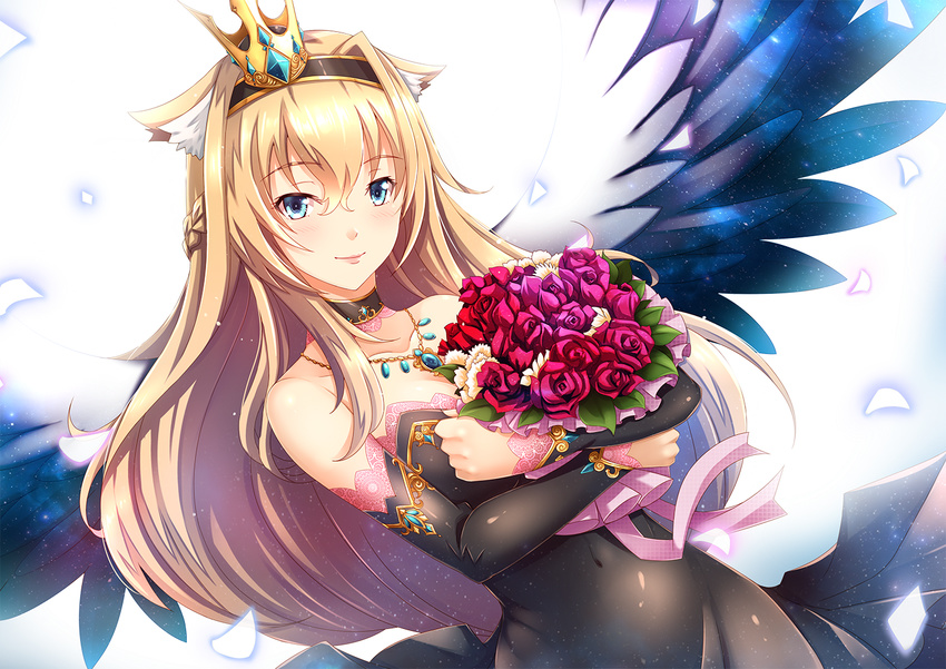 aata1007 alternate_costume black_dress blonde_hair blue_eyes bouquet braid bridal_gauntlets choker crown dress flower french_braid hairband jewelry kantai_collection long_hair looking_at_viewer mini_crown necklace off-shoulder_dress off_shoulder rose simple_background smile solo upper_body warspite_(kantai_collection) white_background wings