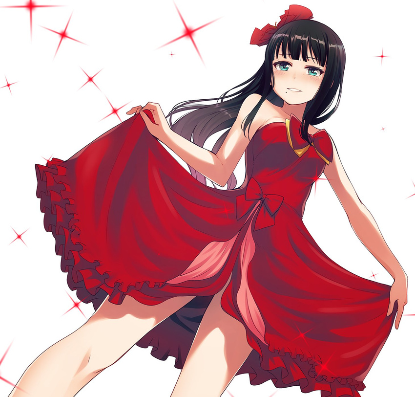 alternate_costume bangs bare_arms bare_shoulders black_hair blunt_bangs blush bow collarbone commentary_request cowboy_shot dress fingernails green_eyes hair_bow hair_ornament hands_up highres kurosawa_dia legs_apart lifted_by_self long_fingernails long_hair looking_at_viewer love_live! love_live!_sunshine!! mole mole_under_mouth nanotsuki open_mouth parted_lips red_bow red_dress simple_background skirt_hold smile solo sparkle straight_hair strapless strapless_dress teeth white_background