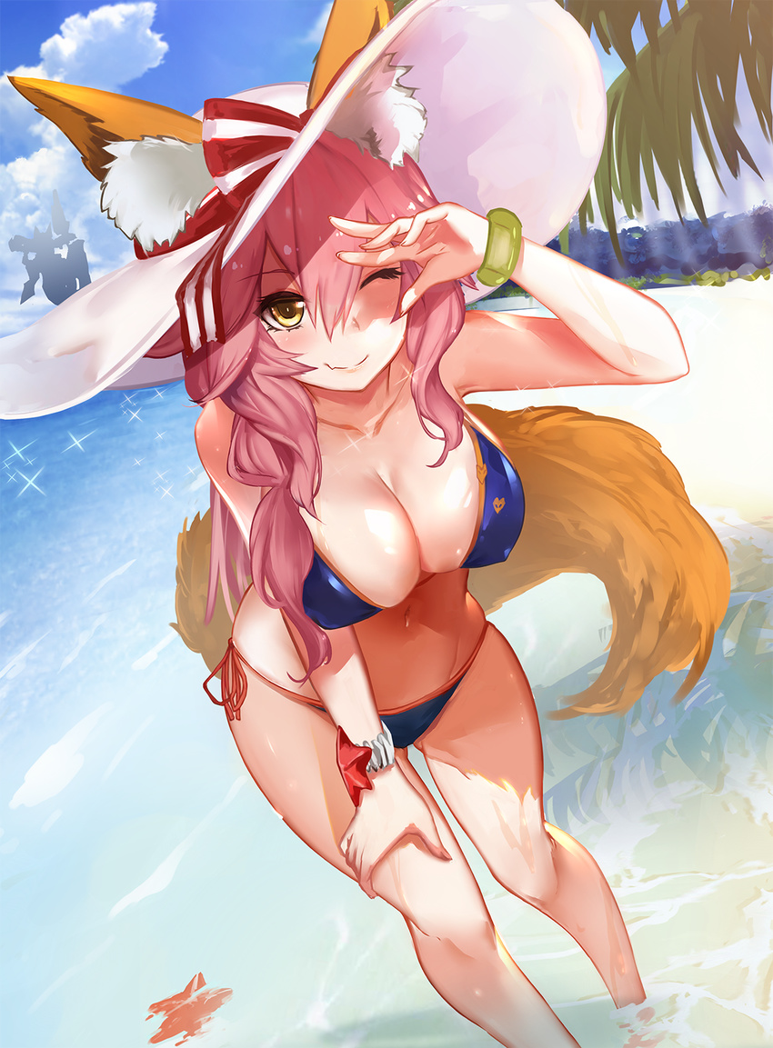 ;) animal_ears ass_visible_through_thighs bad_anatomy beach bikini blue_bikini bracelet breasts cleavage closed_mouth day ears_through_headwear fang fang_out fate/grand_order fate_(series) fox_ears fox_tail hair_between_eyes hand_on_own_thigh hat hat_ribbon highres jewelry large_breasts leaning_forward long_hair multiple_girls navel one_eye_closed outdoors pink_hair ramuda_(guilty931) ribbon shading_eyes side-tie_bikini silhouette smile sparkle starfish sun_hat swimsuit tail tamamo_(fate)_(all) tamamo_no_mae_(fate) tamamo_no_mae_(swimsuit_lancer)_(fate) wading white_hat yellow_eyes