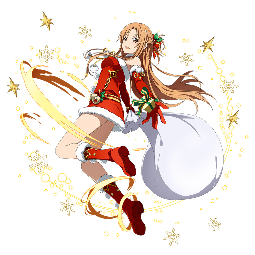 :d asuna_(sao) boots box brown_eyes brown_hair choker dress elbow_gloves floating_hair full_body gift gift_box gloves hair_ribbon highres long_hair looking_at_viewer official_art open_mouth red_dress red_footwear red_gloves ribbon sack santa_boots santa_costume santa_gloves short_dress sleeveless sleeveless_dress smile solo strapless strapless_dress striped striped_ribbon sword_art_online sword_art_online:_code_register sword_art_online:_memory_defrag transparent_background tube_dress very_long_hair