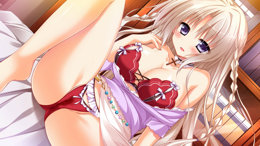 aoi_suu barefoot belly_chain blue_eyes blush book bookshelf bow bow_bra bow_panties bra braid breasts cameltoe choker cross dutch_angle floral_flowlove game_cg indoors jewelry large_breasts leg_up lingerie long_hair looking_at_viewer matsumiya_kiseri open_mouth panties presenting pussy_juice_stain red_bra red_panties shirt_pull sitting skirt skirt_lift smile solo strapless strapless_bra twin_braids underwear very_long_hair white_hair white_skirt