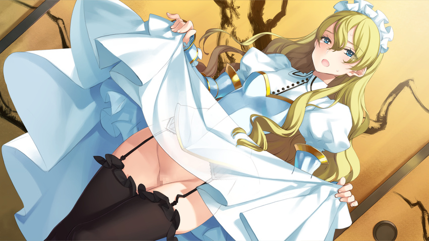 black_legwear blonde_hair blue_eyes blush breasts censored cowboy_shot dress dress_lift dutch_angle eiyuu_senki eiyuu_senki_gold game_cg garter_straps long_hair looking_at_viewer maid_headdress medium_breasts mosaic_censoring no_panties ooyari_ashito open_mouth pussy sir_kay_(eiyuu_senki) solo sweatdrop thighhighs