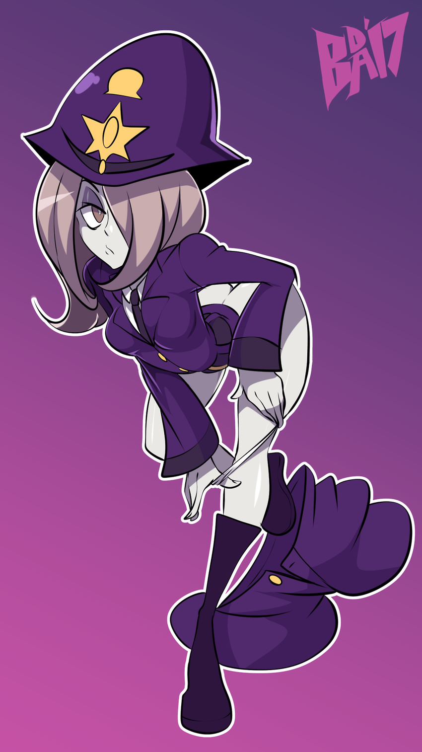 1girl ass bigdead93 boots breasts hair_over_one_eye hat little_witch_academia long_hair police police_hat police_uniform policewoman purple_hair red_eyes solo sucy_manbavaran underwear undressing