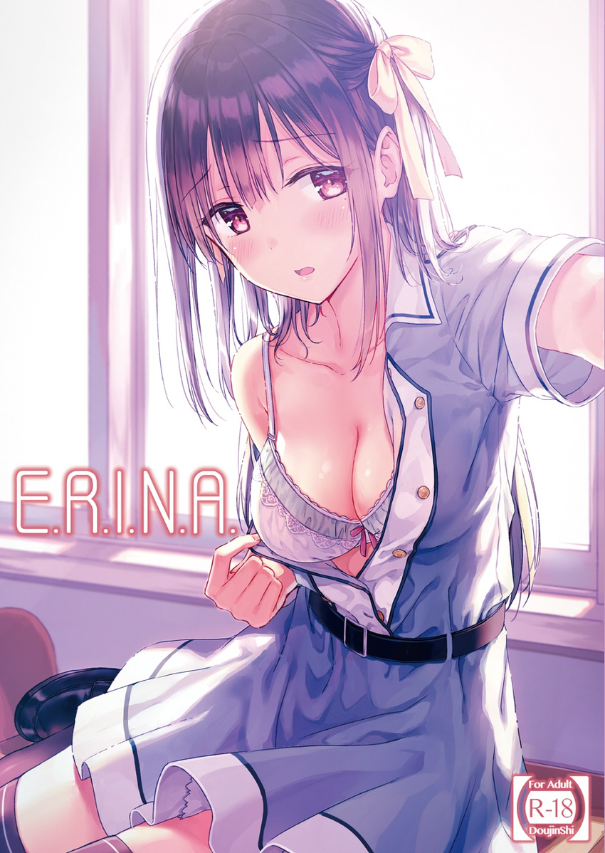 bangs belt black_legwear blush bow bow_bra bra breasts buttons cleavage collar collarbone collared_dress commentary cover cover_page doujin_cover dress eyebrows_visible_through_hair hair_bow hair_ornament highres hiten_(hitenkei) long_hair looking_at_viewer matsumoto_erina medium_breasts original purple_eyes reaching_out self_shot shoes short_sleeves sitting solo sunlight thighhighs unbuttoned underwear undressing white_bra window windowsill zettai_ryouiki