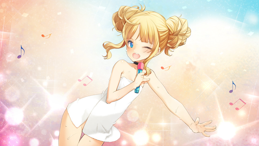 bare_shoulders beamed_eighth_notes blonde_hair blue_eyes blush double_bun dutch_angle eighth_note eiyuu_senki eiyuu_senki_gold flat_chest game_cg long_hair looking_at_viewer microphone music musical_note naked_towel nero_(eiyuu_senki) no_bra no_panties one_eye_closed ooyari_ashito open_mouth singing solo sweat towel white_towel