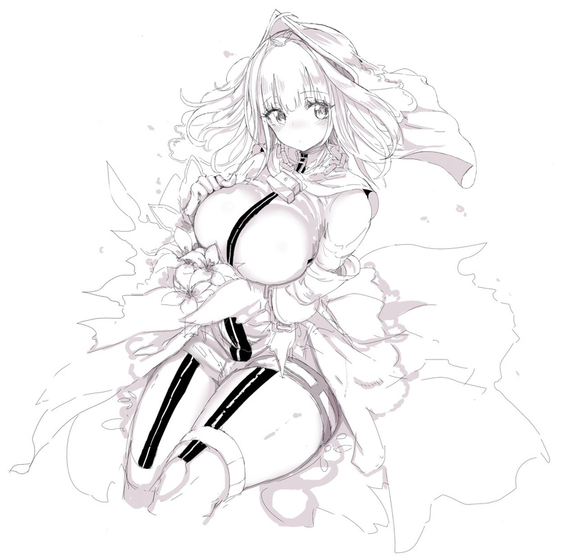 ahoge bangs blush bouquet breasts bridal_veil chain comic cowboy_shot detached_sleeves eyebrows_visible_through_hair fafas68 fate/grand_order fate_(series) flower greyscale hand_on_own_chest highres holding holding_bouquet large_breasts monochrome nero_claudius_(bride)_(fate) nero_claudius_(fate)_(all) simple_background sitting solo thighs veil white_background