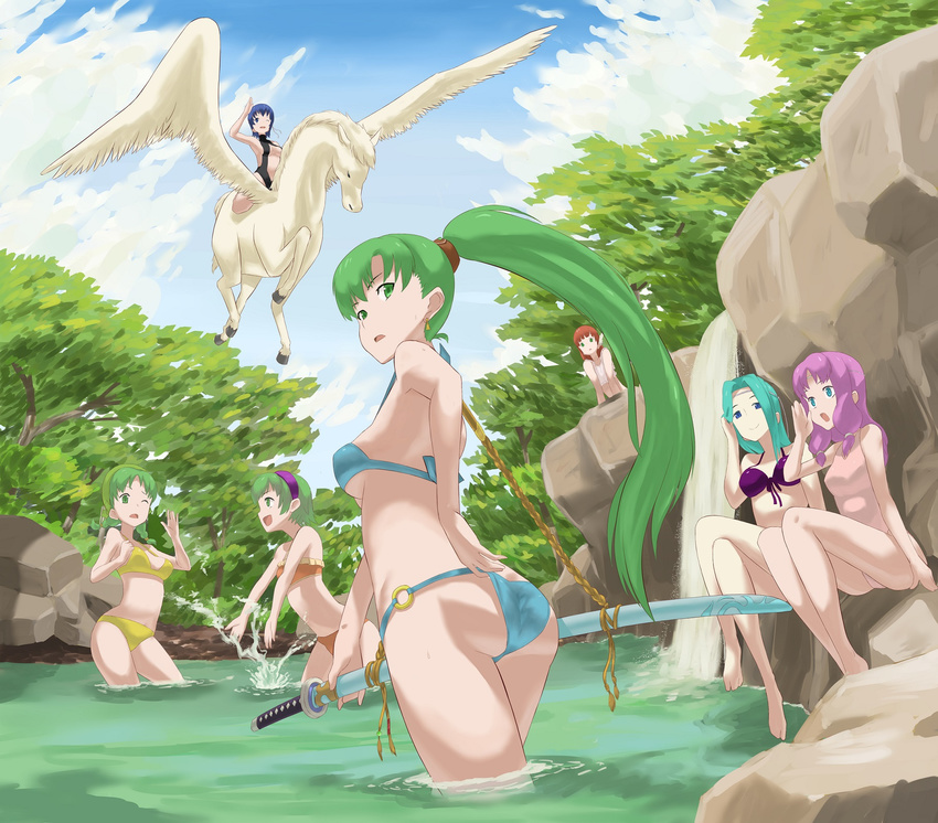 ass bad_anatomy bikini blush braid breasts commentary_request day farina_(fire_emblem) fiora fire_emblem fire_emblem:_rekka_no_ken fire_emblem_heroes florina forest gashado_kuro green_eyes green_hair high_ponytail highres long_hair looking_at_viewer lyndis_(fire_emblem) medium_breasts multiple_girls nature nino_(fire_emblem) pegasus pegasus_knight ponytail priscilla_(fire_emblem) purple_hair rebecca_(fire_emblem) short_hair swimsuit twin_braids water